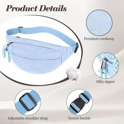Cord Bauchtasche Damen, Umhängetasche mit großem Fach, Blau