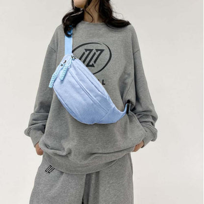 Cord Bauchtasche Damen, Umhängetasche mit großem Fach, Blau