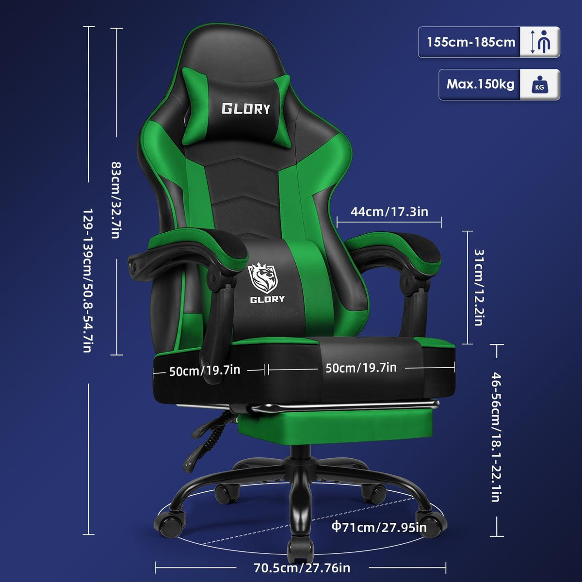 Ergonomischer Gaming Stuhl mit Teleskopischer Fußstütze, 150