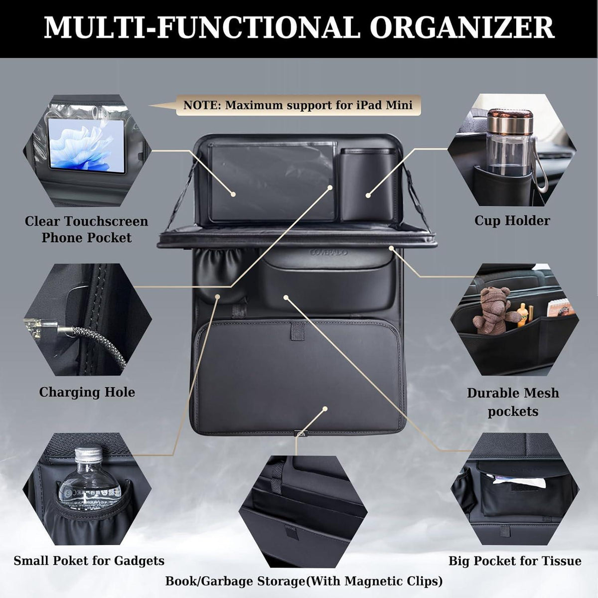 Auto Organizer Rücksitz Nappa Leder mit Tablet Halter & Tablett