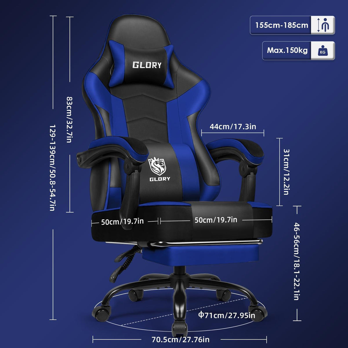 Ergonomischer Gaming Stuhl mit Fußstütze, Kopfstütze und