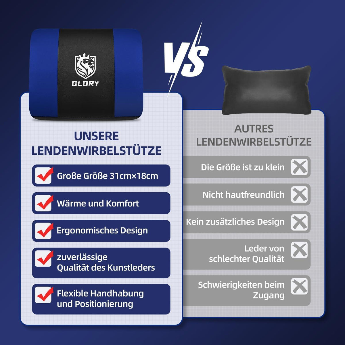 Ergonomischer Gaming Stuhl mit Fußstütze Kopf- und Lendenstütze Blau