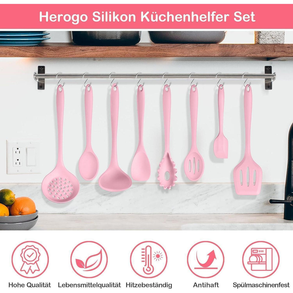 8-teiliges Silikon Küchenhelfer Set Rosa, Hitzebeständig & Spülmaschinenfest