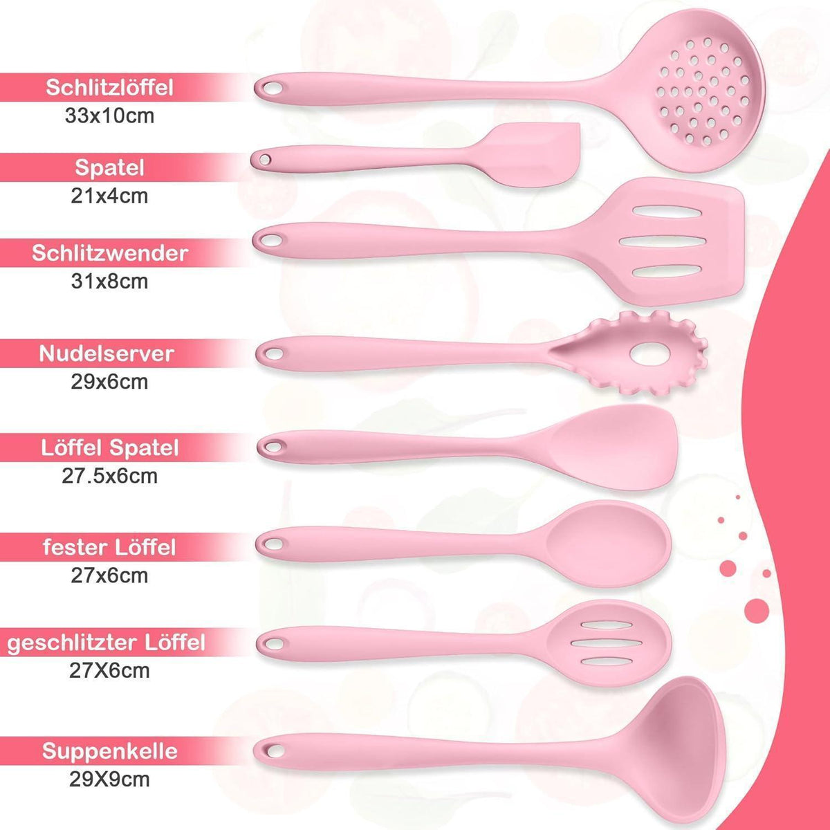 8-teiliges Silikon Küchenhelfer Set Rosa, Hitzebeständig & Spülmaschinenfest