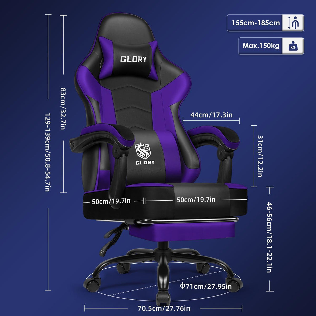Gaming Stuhl Ergonomisch mit Fußstütze, Kopfstütze, 150