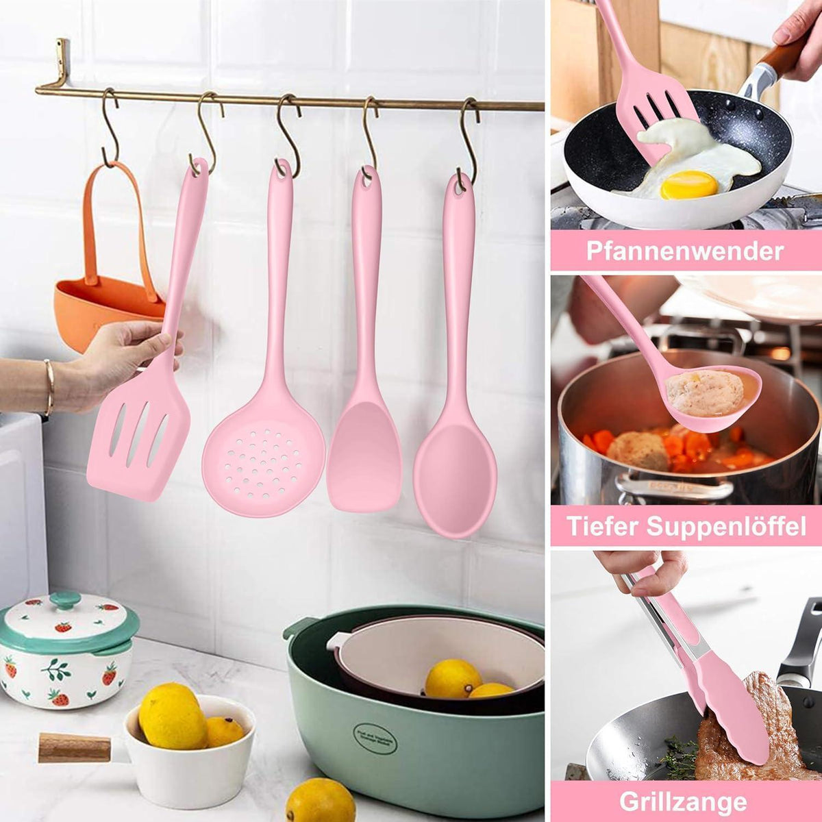 15-teiliges Silikon Küchenhelfer Set Rosa