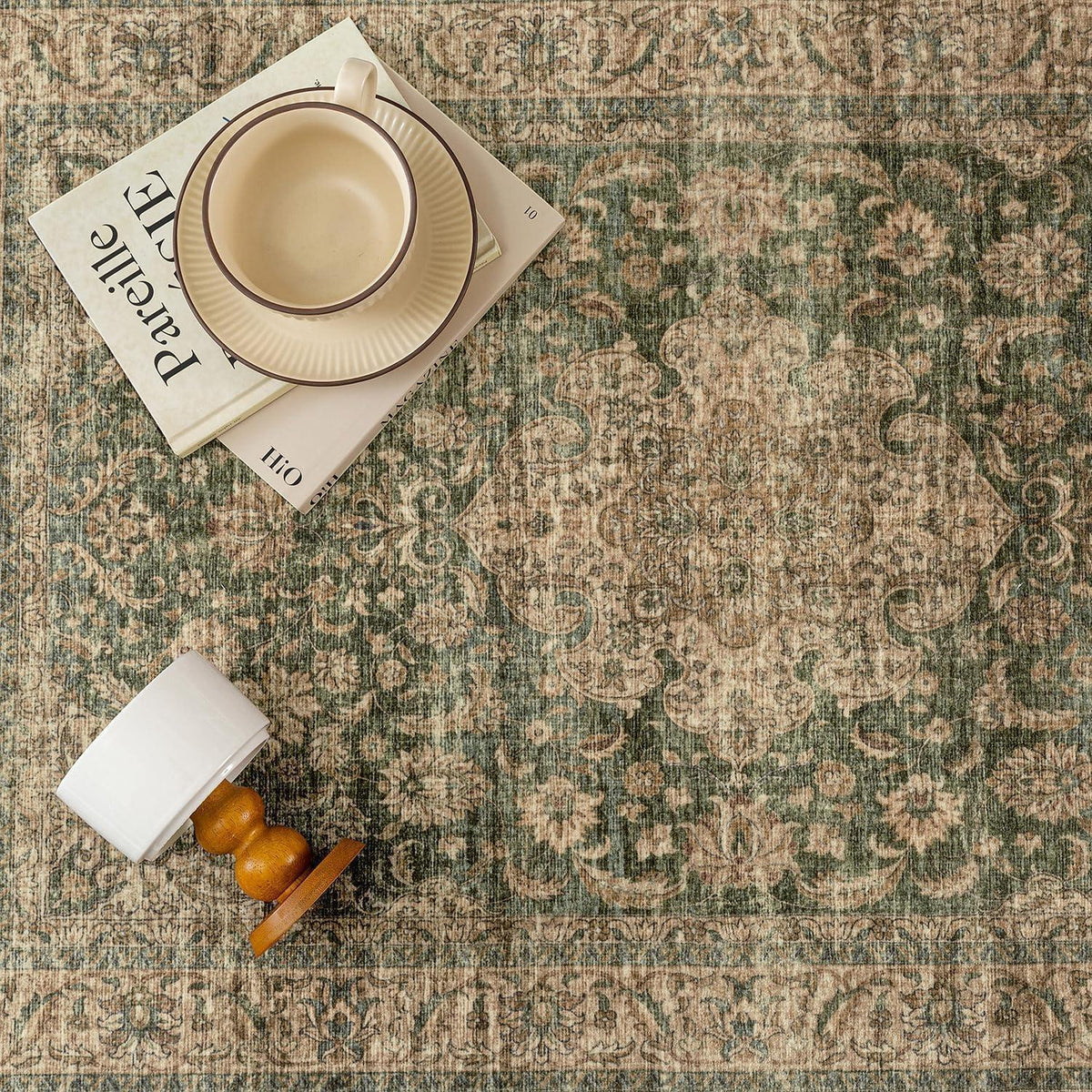 Vintage Teppich Grün 240x300cm Waschbar – Wohnzimmer Teppich