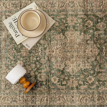 Vintage Teppich Grün 240x300cm Waschbar – Wohnzimmer Teppich