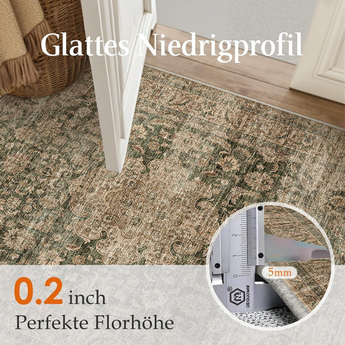 Vintage Teppich Grün 240x300cm Waschbar – Wohnzimmer Teppich