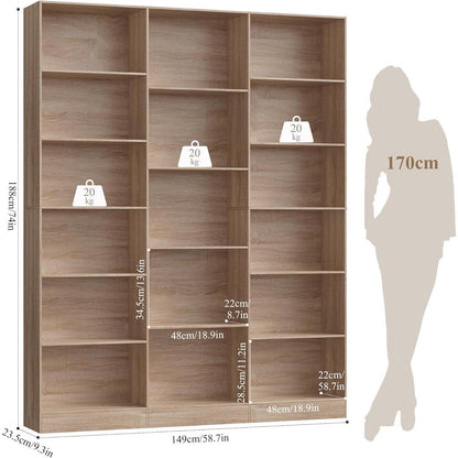 Bücherregal 188 cm mit 17 Fächern | Eiche | Standregal & Aufbewahrung