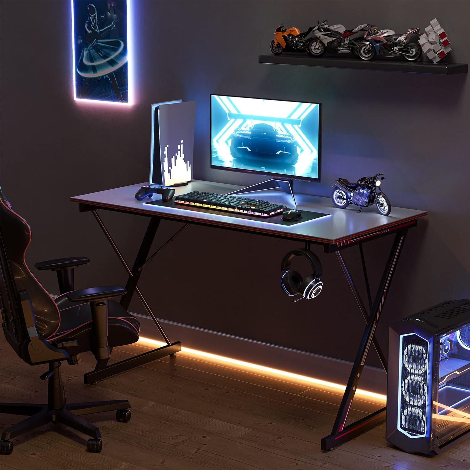 Gaming Schreibtisch 80x50 cm Kohlefaserbeschichtung Kopfhörerhaken Metallgestell