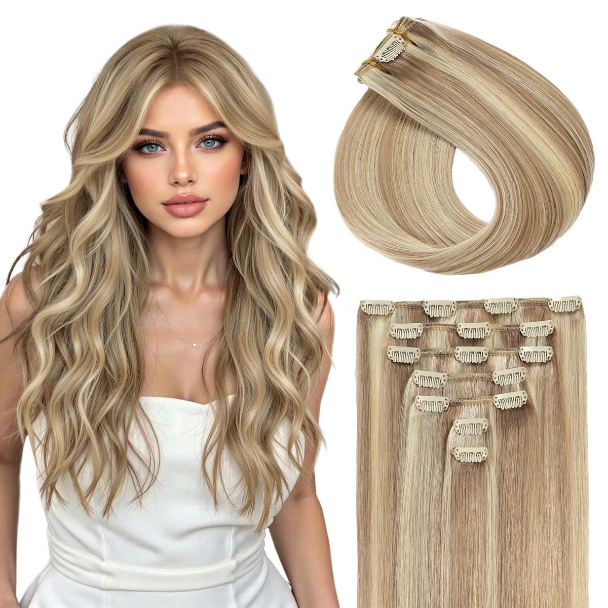 Echthaar Clip-Ins Aschblond mit Platinblond, 50cm