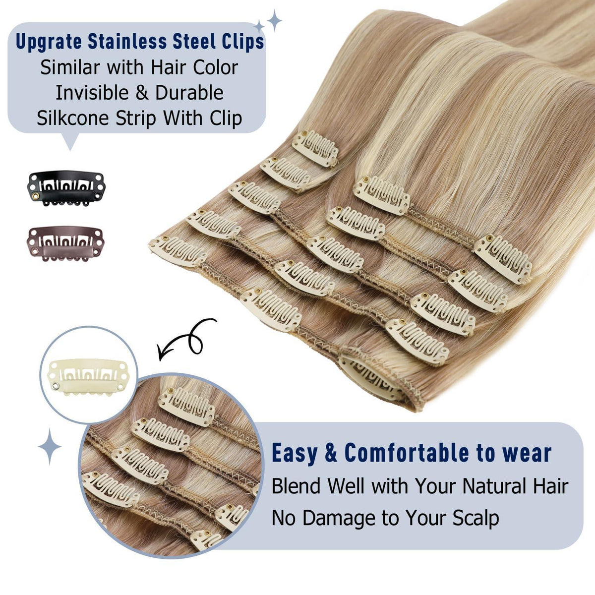 Echthaar Clip-Ins Aschblond mit Platinblond, 50cm
