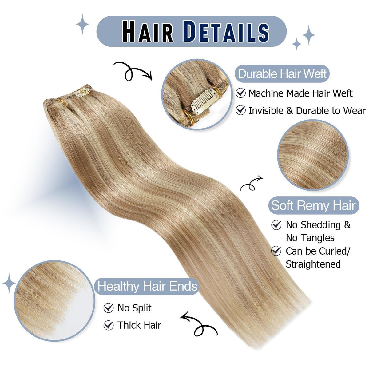 Echthaar Clip-Ins Aschblond mit Platinblond, 45cm