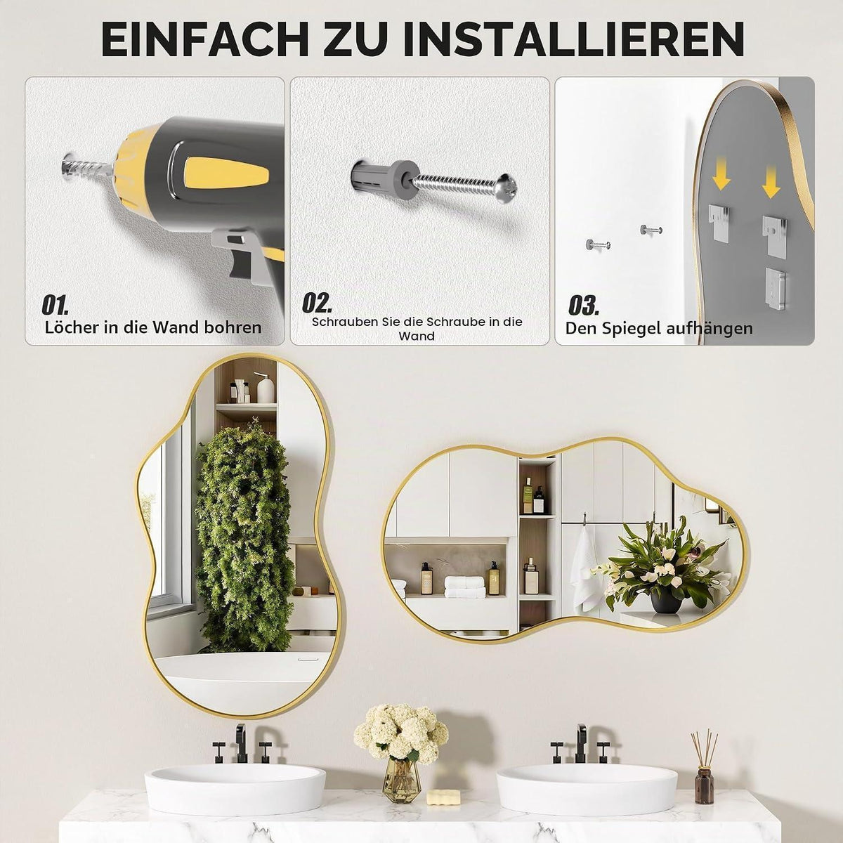 Asymmetrischer Wandspiegel Gold 50x90cm - Dekorativer Raumspiegel