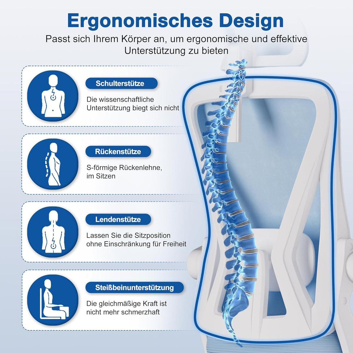 Ergonomischer Bürostuhl mit Wippfunktion und verstellbarer Lordosenstütze, Blau