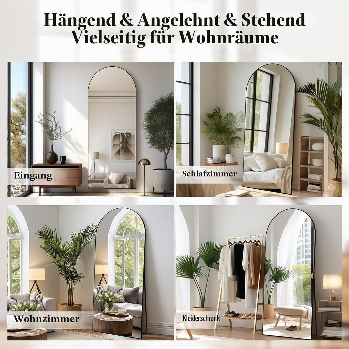 Gewölbter Ganzkörperspiegel 179x65cm – Stehspiegel Schwarz