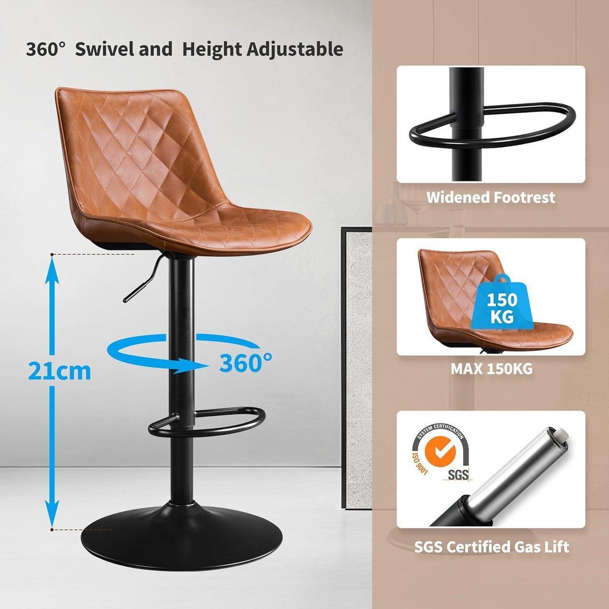 Moderner Barhocker 2er Set, Höhenverstellbar & Drehbar