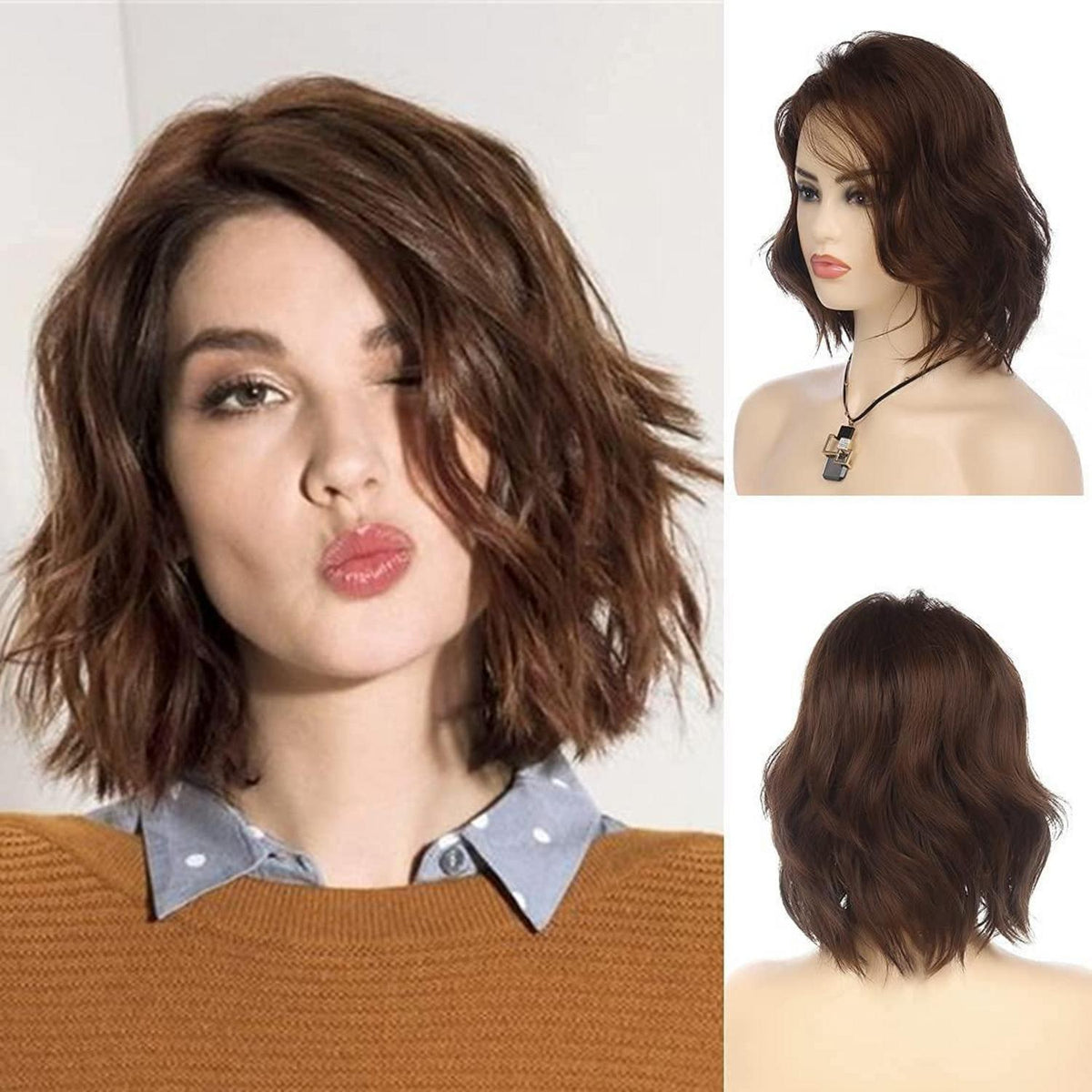 Braune Bob Welle Damen Perücke Synthetisch Hitzebeständig
