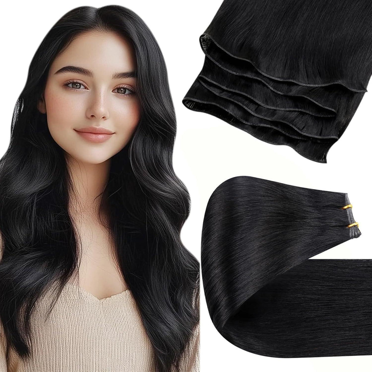 Echthaar Tressen Schwarz 50cm - Remy Weft zum Einnähen
