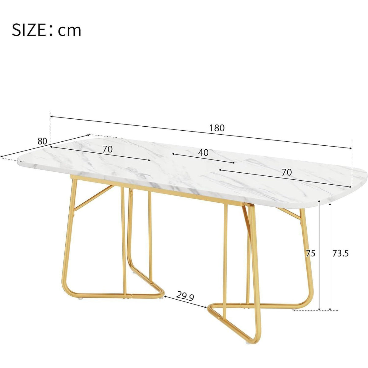 Weißer Esstisch mit Marmoroptik & Goldbeinen, 140/180cm