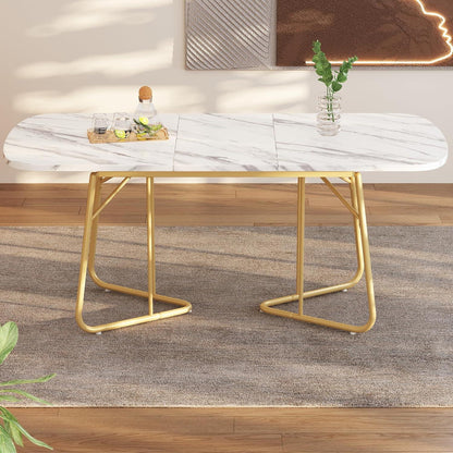 Weißer Esstisch mit Marmoroptik & Goldbeinen, 140/180cm