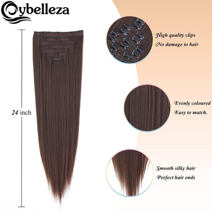 60cm Clip-in Haarverlängerung Braun & Auburn - Gerade Synthetik