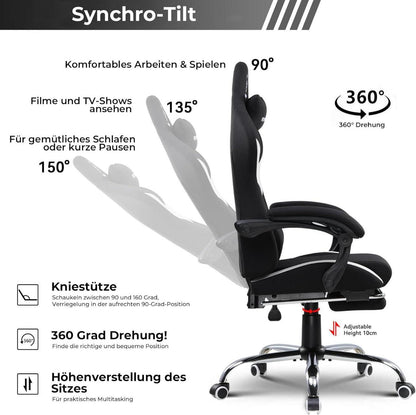 Ergonomischer Gaming Stuhl Stoff mit Fußstütze & Frühling Kissen Schwarz