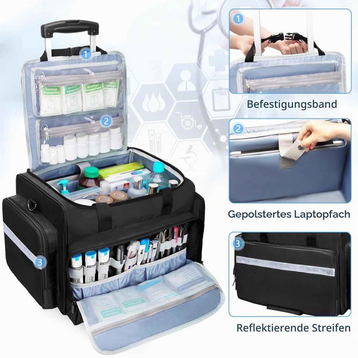 Notfalltasche mit Trolley – Erste Hilfe Tasche für Sanitäter & Ärzte
