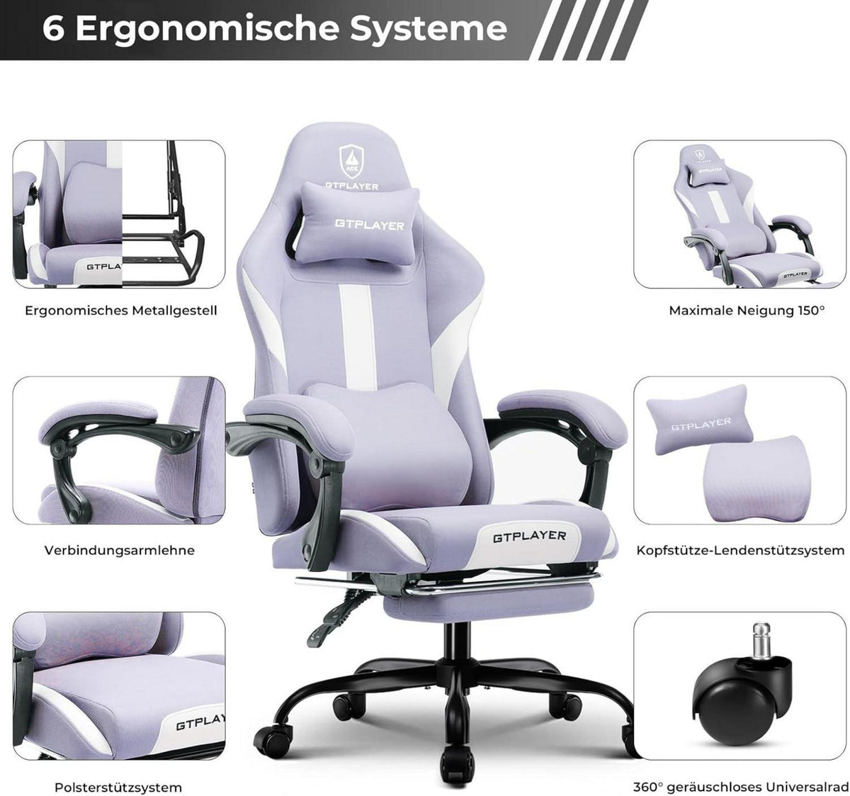 LUCKRACER Gaming Stuhl mit Stoff und Frühlingskissen, Bürostuhl mit Fußstütze für