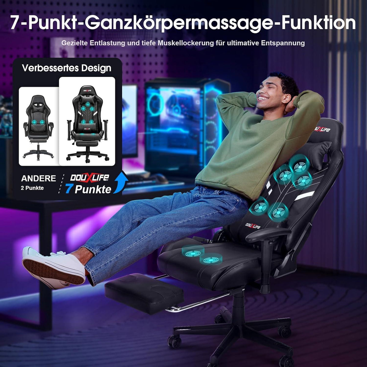 Ergonomischer Gaming Stuhl 7 Punkt Massage Fußstütze 180KG Schwarz