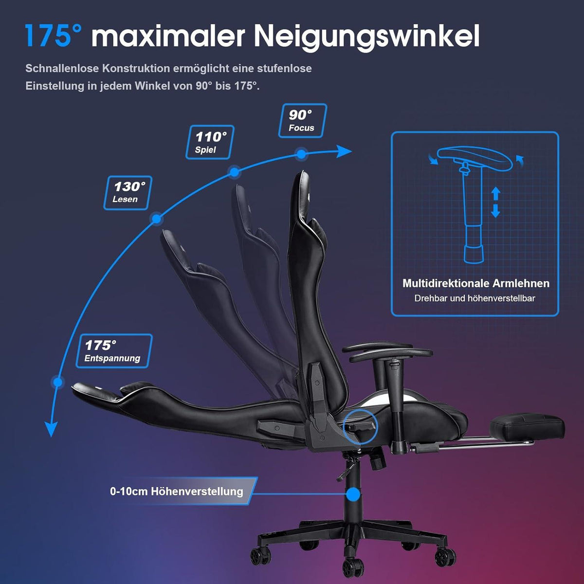 Ergonomischer Gaming Stuhl 7 Punkt Massage Fußstütze 180KG Schwarz