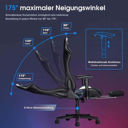 Ergonomischer Gaming Stuhl 7 Punkt Massage Fußstütze 180KG Schwarz