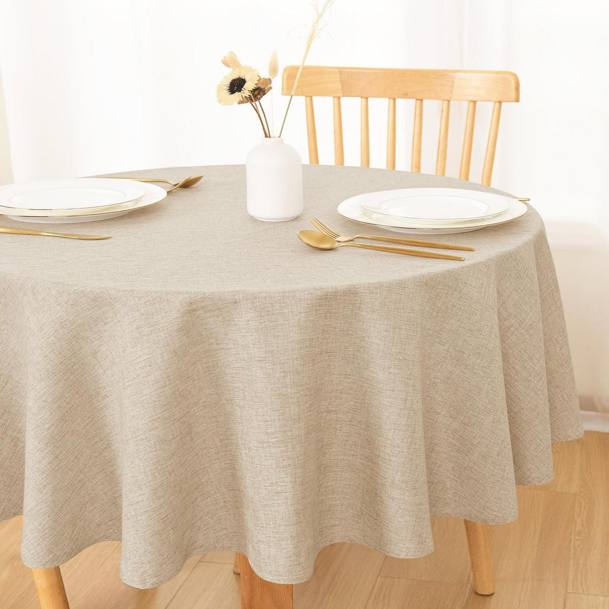 Runde Leinenoptik Tischdecke Beige 140cm – Abwaschbar & Wasserabweisend