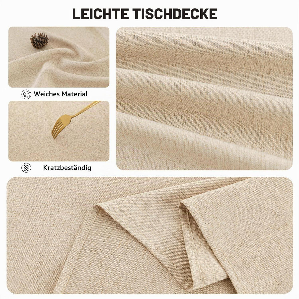 Runde Leinenoptik Tischdecke Beige 140cm – Abwaschbar & Wasserabweisend