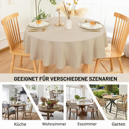 Runde Leinenoptik Tischdecke Beige 140cm – Abwaschbar & Wasserabweisend