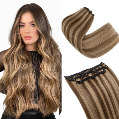 Clip-in Haarverlängerung Echthaar Schoko Braun/Dunkelblond 45cm