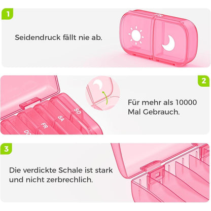 Tablettenbox 7 Tage Morgens Abends, feuchtigkeitsbeständig, Rosa