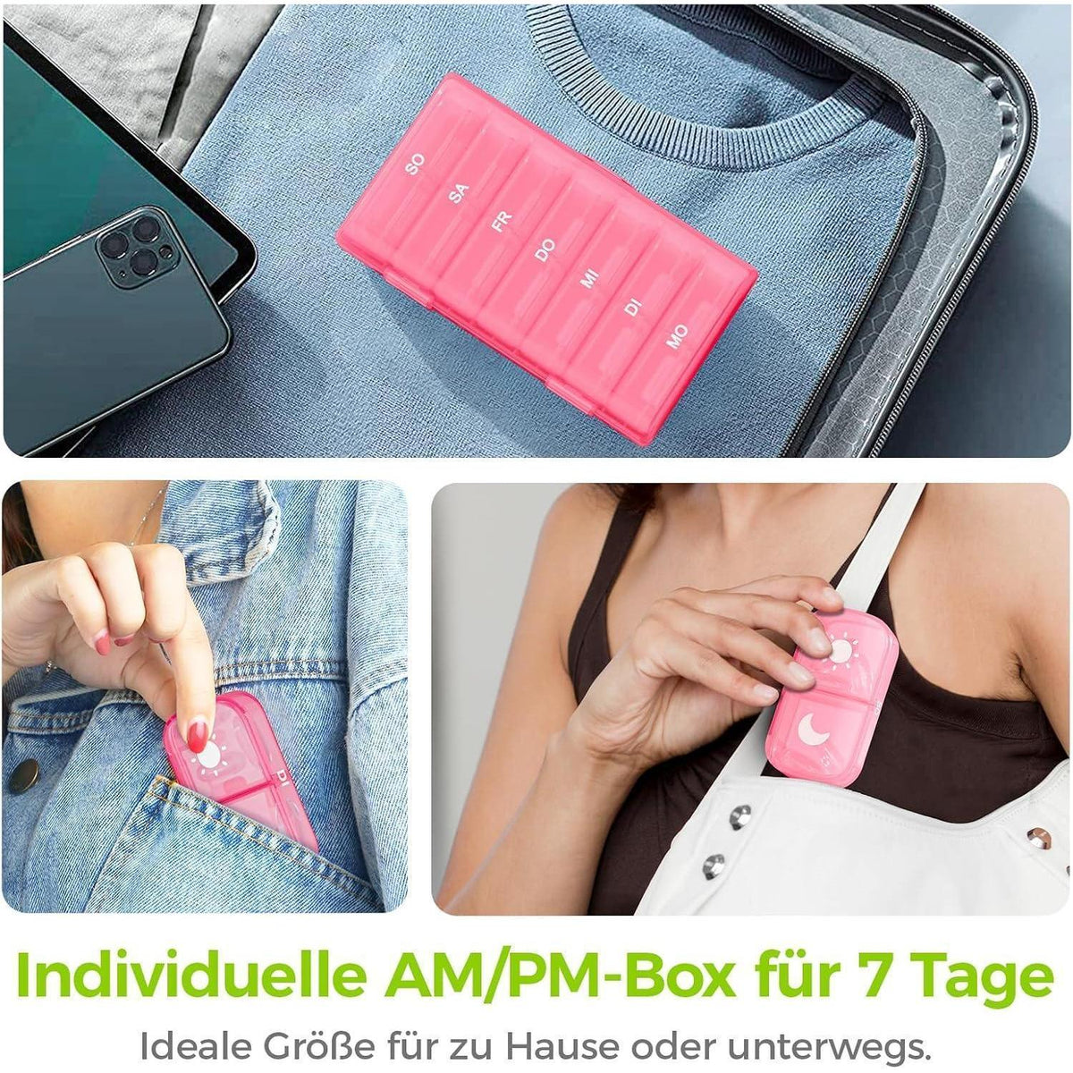 Tablettenbox 7 Tage Morgens Abends, feuchtigkeitsbeständig, Rosa