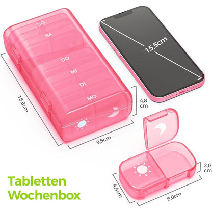 Tablettenbox 7 Tage Morgens Abends, feuchtigkeitsbeständig, Rosa