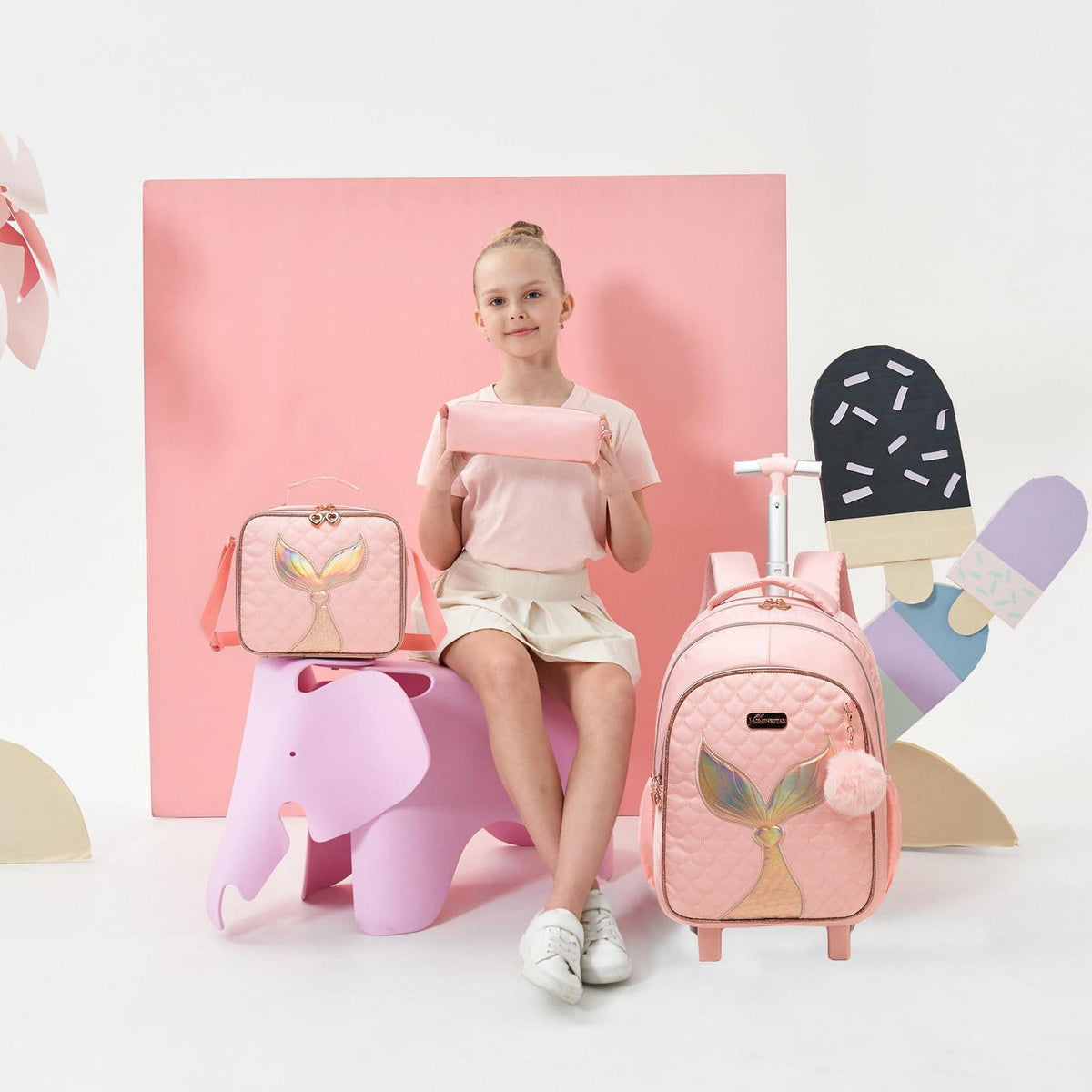 Schultrolley Mädchen Set Rosa mit Rucksack & Lunchtasche