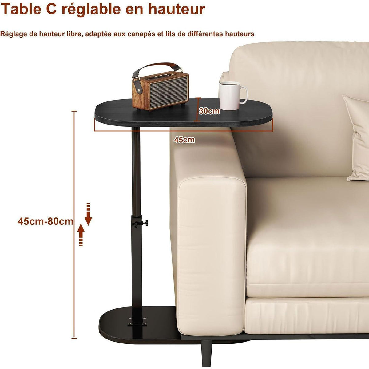 Höhenverstellbarer C-Form Beistelltisch 360° drehbar – Couchtisch Schwarz