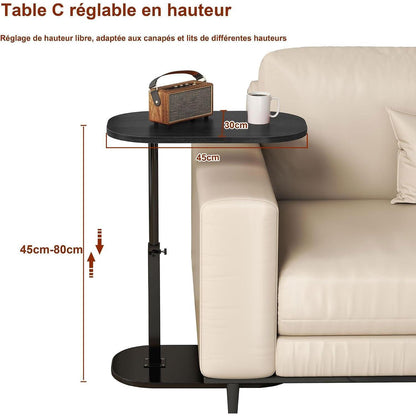 Höhenverstellbarer C-Form Beistelltisch 360° drehbar – Couchtisch Schwarz