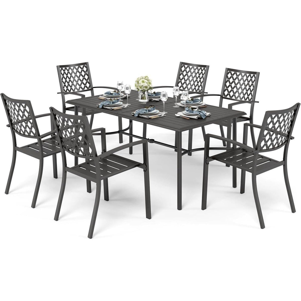 Gartenmöbel Set 6 Personen Metall Rechteckiger Tisch Stapelstühle Schwarz