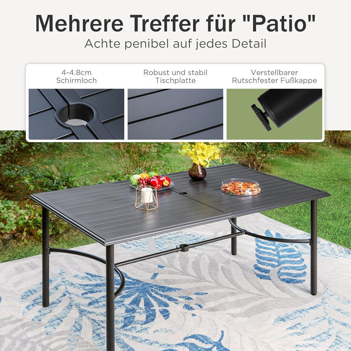 Gartenmöbel Set 6 Personen Metall Rechteckiger Tisch Stapelstühle Schwarz