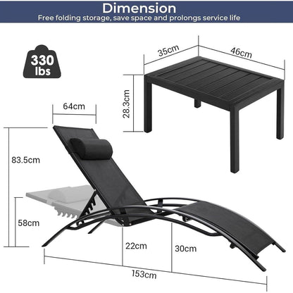 XXL Aluminium Sonnenliege 2er Set mit Beistelltisch & Kissen, stapelbar, verstellbar, wetterfest,