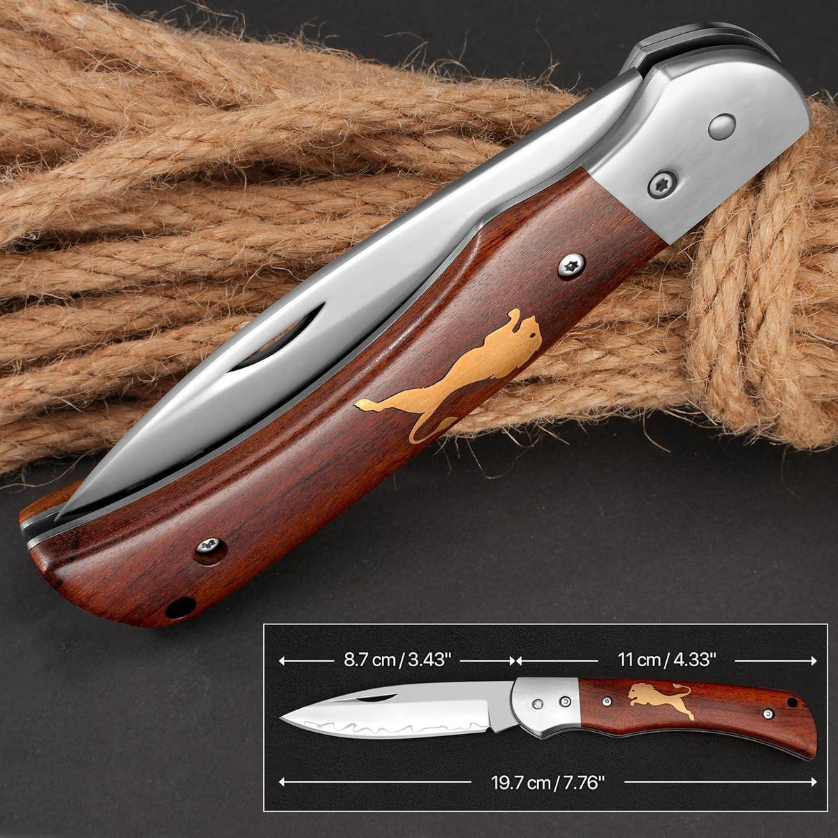 Zweihand Klappmesser 440C Stahl – Holzgriff, EDC Outdoor
