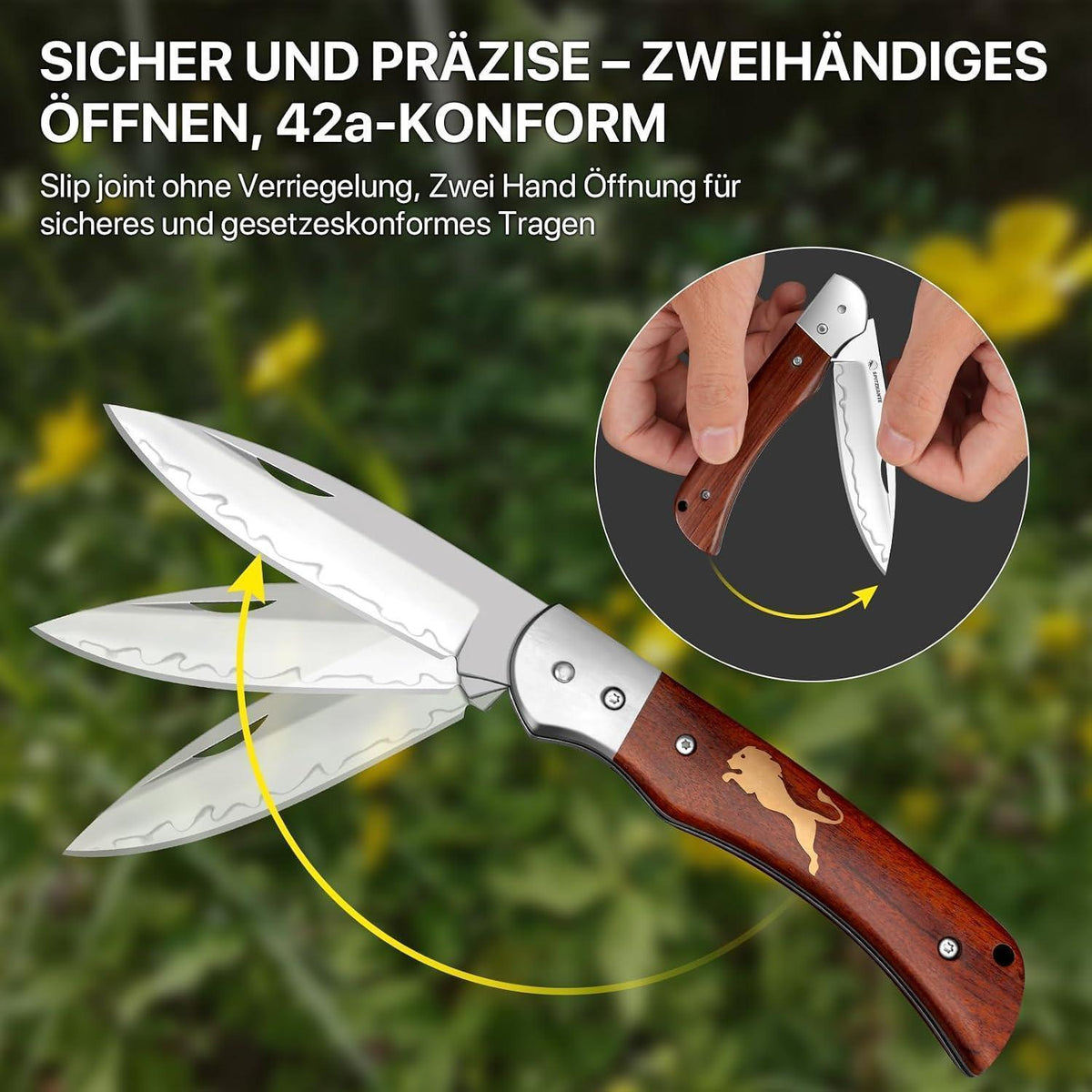 Zweihand Klappmesser 440C Stahl – Holzgriff, EDC Outdoor