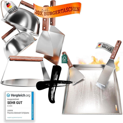 Edelstahl Plancha Grillplatte 40x40cm mit Burger Master Set