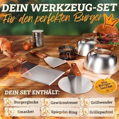Edelstahl Plancha Grillplatte 40x40cm mit Burger Master Set